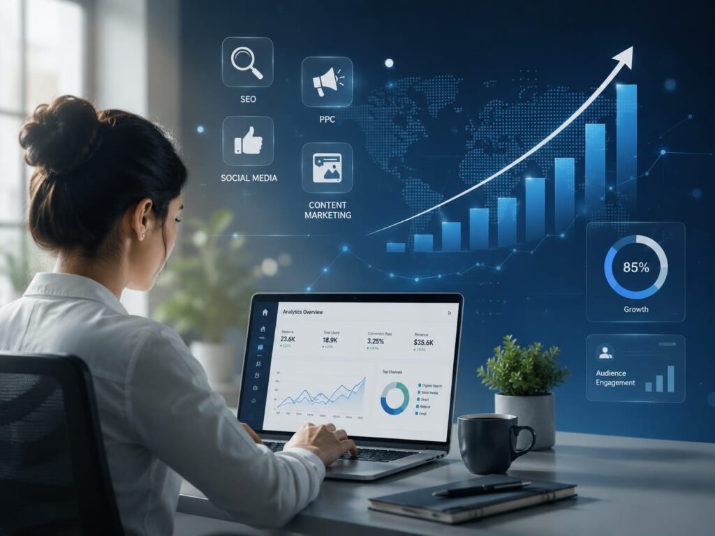 Digital marketing professional analyzing business growth and performance analytics on a laptop”